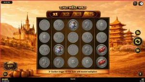 Tampilan layar utama slot East West Wild dengan simbol bertema Jalur Sutra